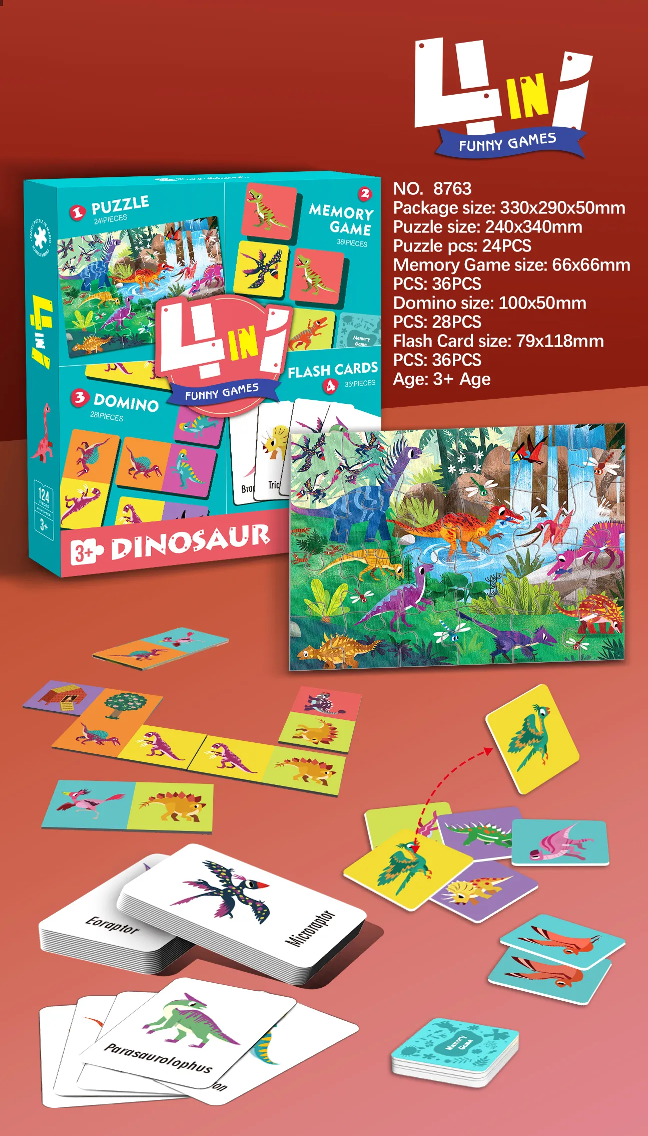 8763 4-in-1 Educational Puzzle Set_Dinosaur