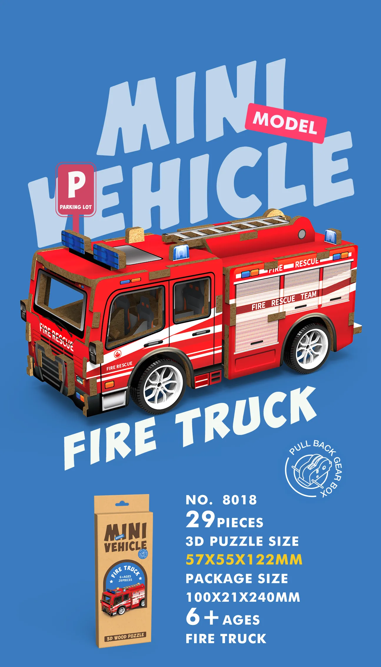 WP-8018 Mini Vehicle 3D Wooden Puzzle_Fire Truck