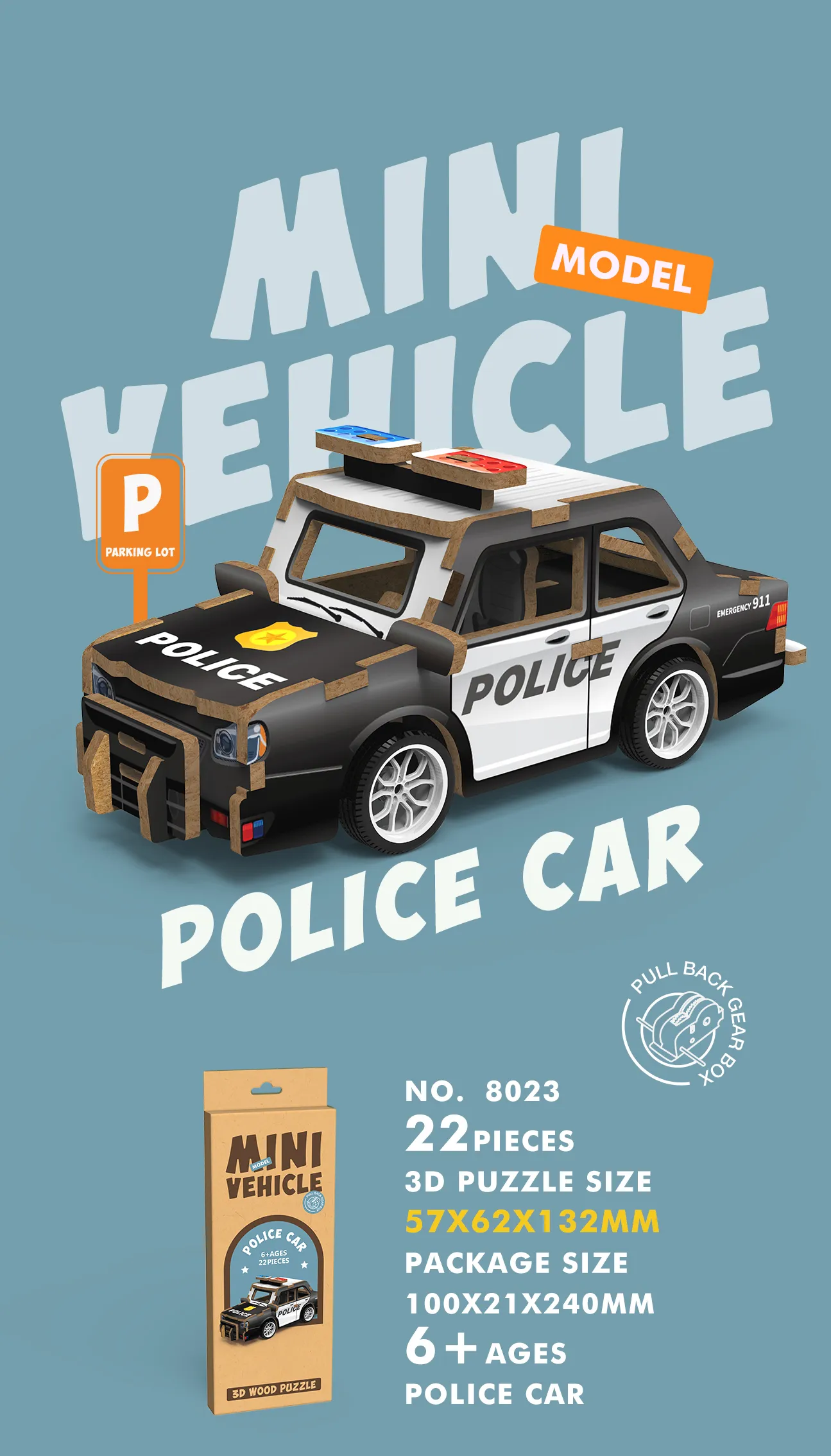 WP-8023 Mini Vehicle 3D Wooden Puzzle_Police Car